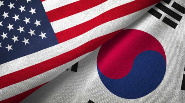 South Korea and United States two flags together realations textile cloth fabric texture