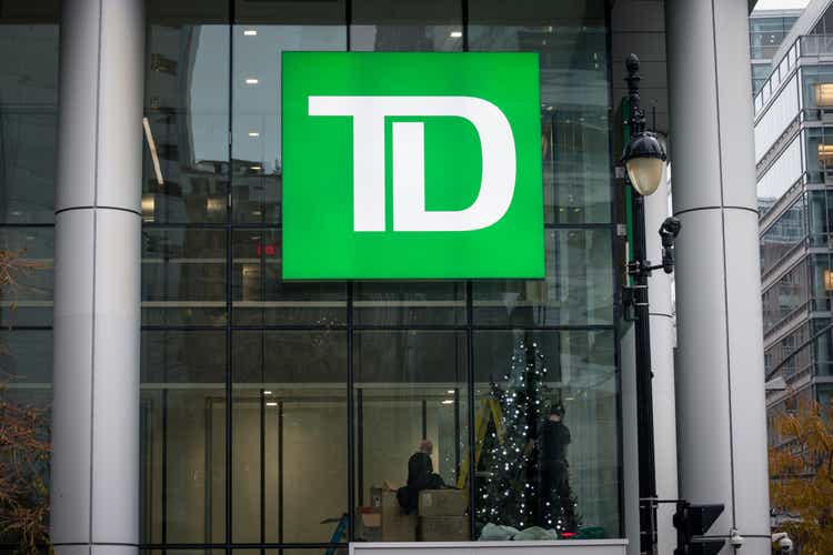 TD Bank logo in front of their headquarters for Montreal, Quebec. Also known as Toronto Dominon Canada Trust, it is one of the main Canadian banks