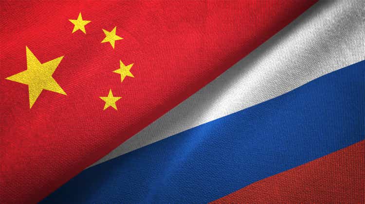 Russia and China two flags together realations textile cloth fabric texture