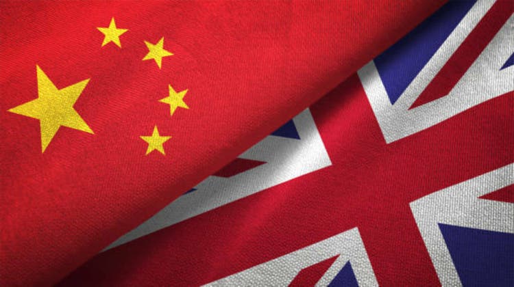 United Kingdom and China two flags together realations textile cloth fabric texture