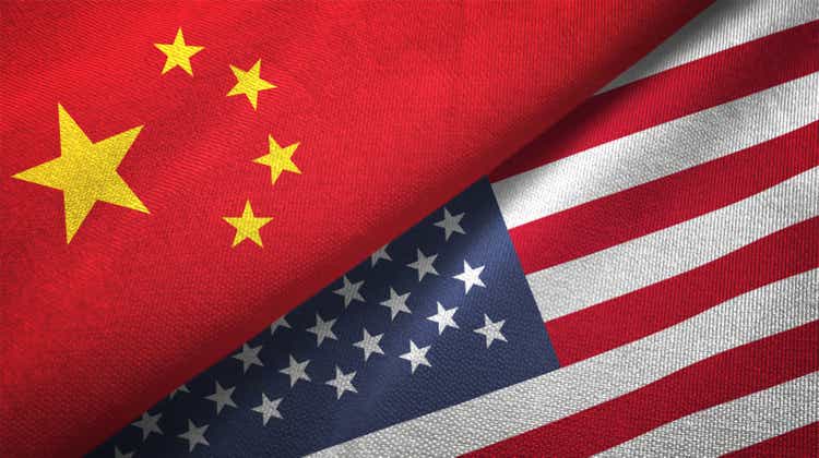 United States and China flags together textile fabric texture