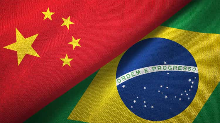 Brazil and China two flags together realations textile cloth fabric texture