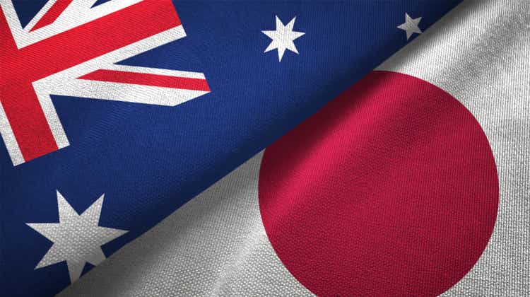 Japan and Australia two flags together realations textile cloth fabric texture