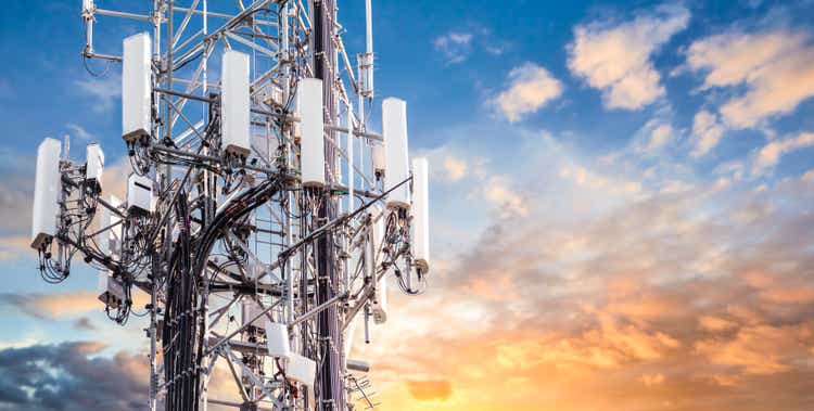 5G Sunset Cell Tower: Cellular communications tower for mobile phone and video data transmission