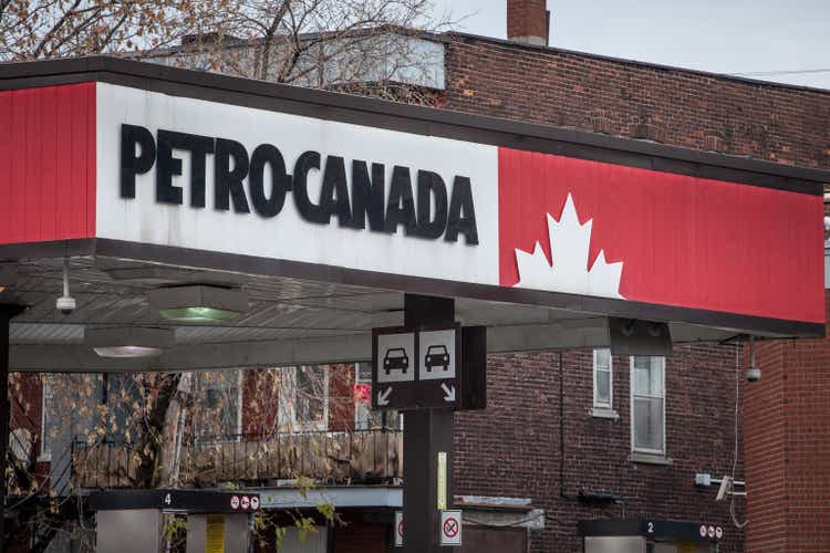 Petro-Canada logo in front of one of their gas stations in Canada. Belonging to Suncor Energy, petro Canada is a petrol station brand spread in Canada
