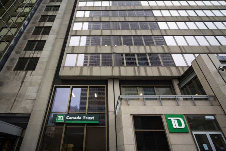 TD Bank logo in front of their headquarters for Montreal, Quebec. Also known as Toronto Dominon Canada Trust, it is one of the main Canadian banks