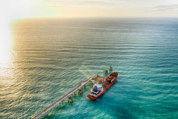 Aerial view of chemical tanker waiting for loading