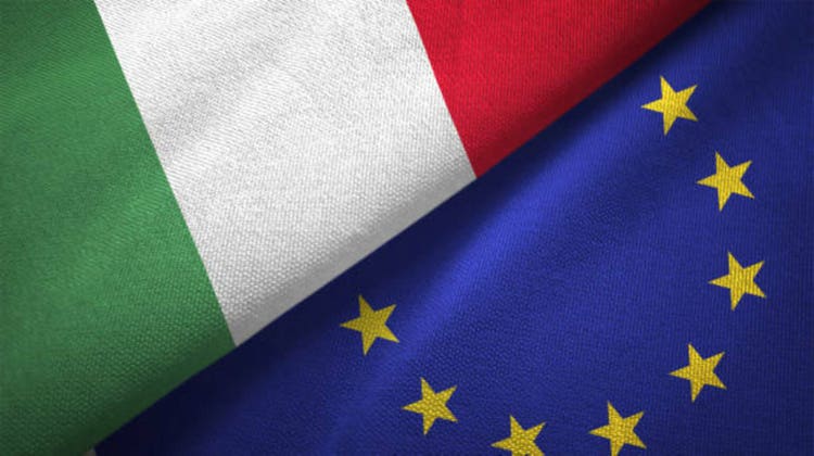 European Union and Italy two flags together textile cloth fabric texture