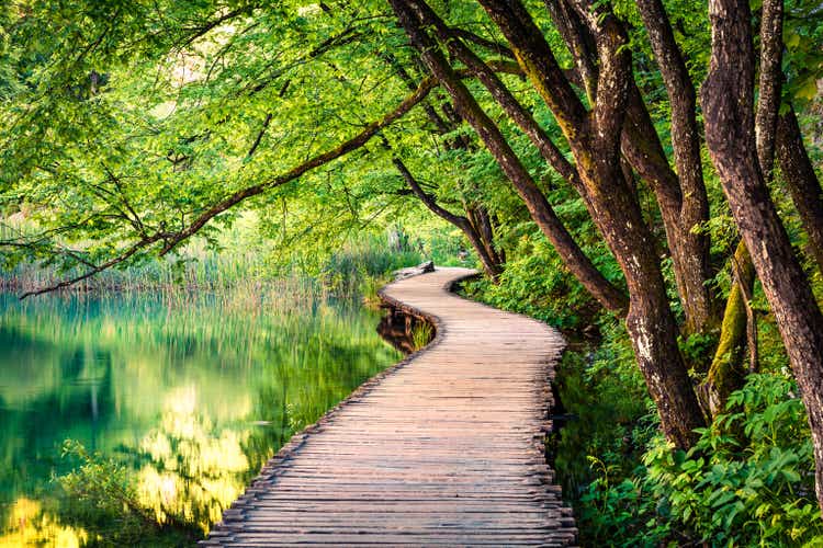 Picturesque morning in Plitvice National Park. Colorful spring scene of green forest with pure water lake. Great countryside view of Croatia, Europe. Beauty of nature concept background.