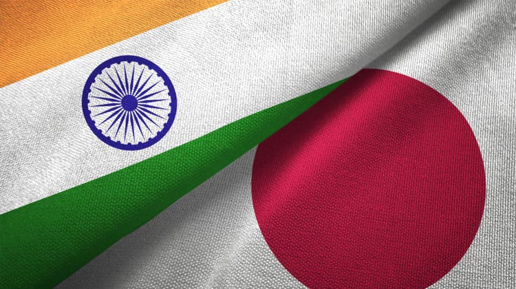 Japan and India two flags together textile cloth fabric texture