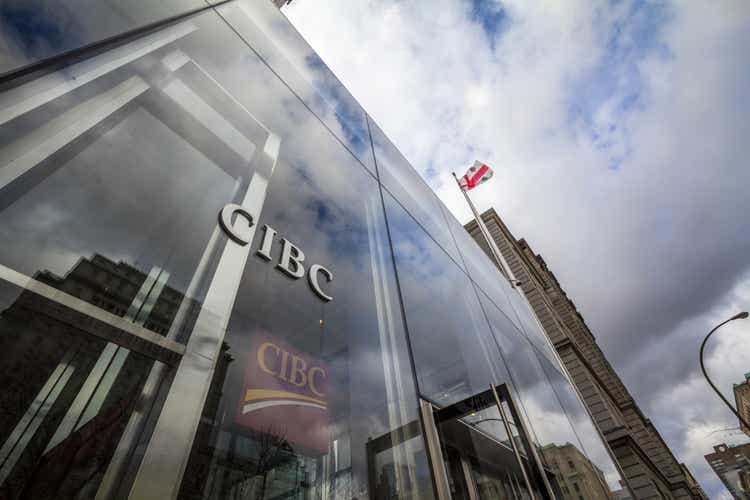 CIBC logo, in front of their main office for Montreal, Quebec, in Tour CIBC. Called as well Canadian Imperial Bank of Commerce, it is one of main banks of America
