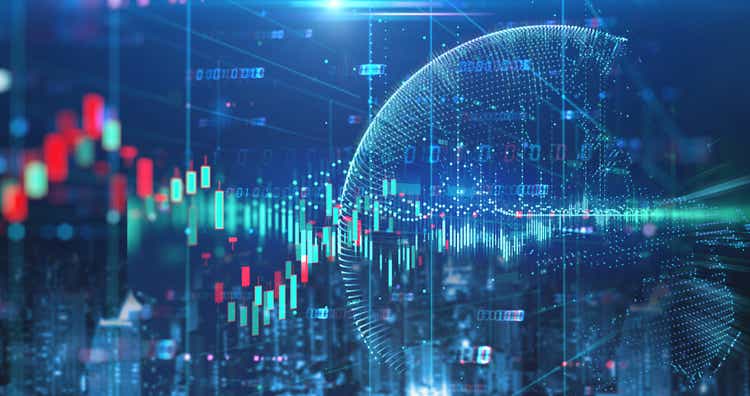 double exposure image of stock market investment graph and city skyline scene.