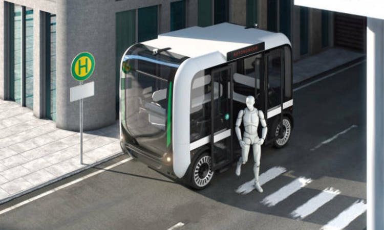 Autonomous bus with passenger exiting on bus stop top down perspective with empty sign 3d rendering