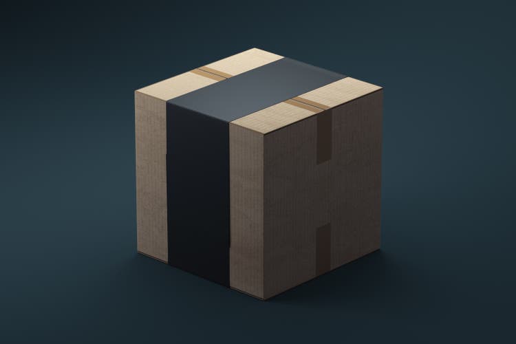 Packed cardboard box isolated on dark background, 3d rendering