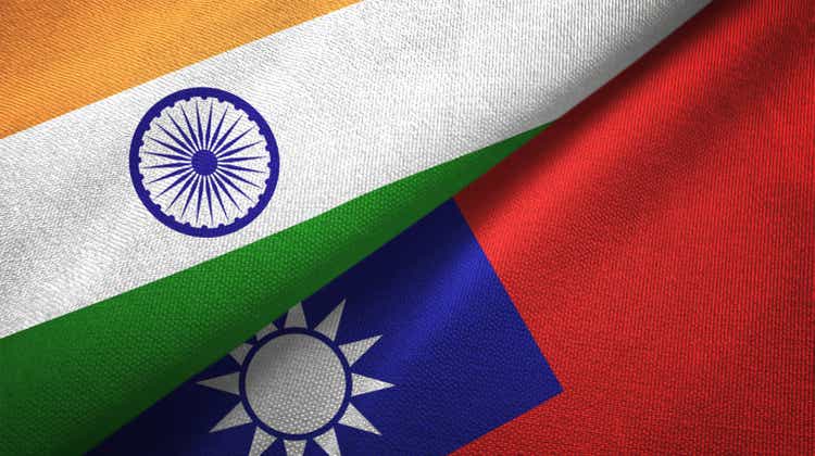 Taiwan and India two flags together textile cloth, fabric texture