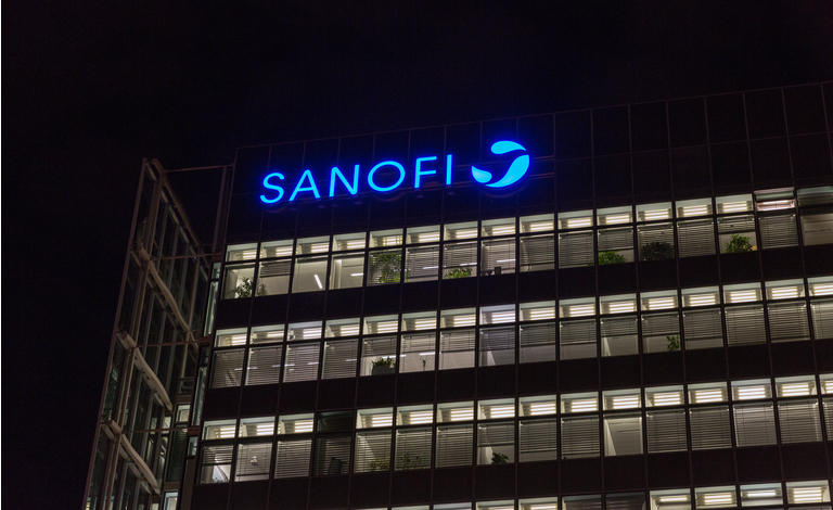 Night Sanofi office building in Berlin, Germany.