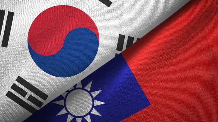 Taiwan and South Korea two flags together textile cloth, fabric texture