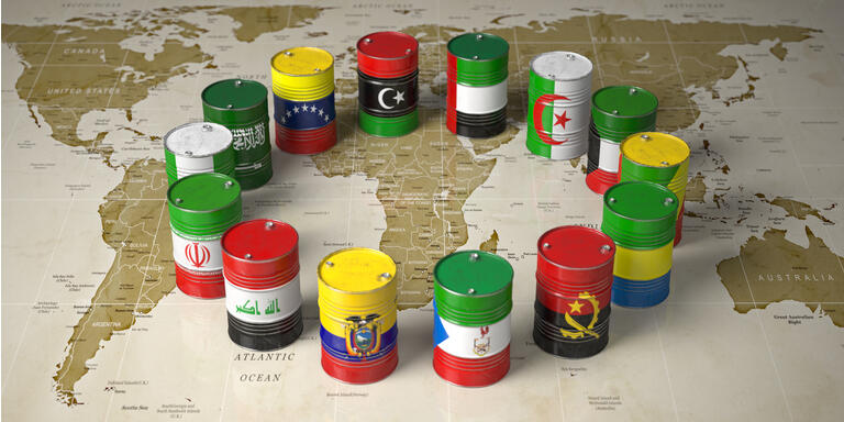 OPEC concept. Oil barrels in color of flags of countries memebers of OPEC on world political map background.