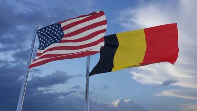 United States of America and Belgium National Flags - 3D Illustration Stock Footage