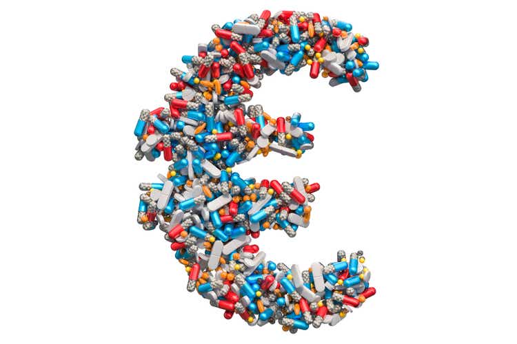 Euro symbol from medicine pills, capsules, tablets. 3D rendering isolated on white background