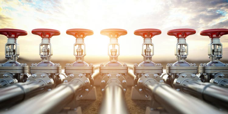 Oil or gas pipe line valves. Oil and gas extraction, production and transportation industrial background.