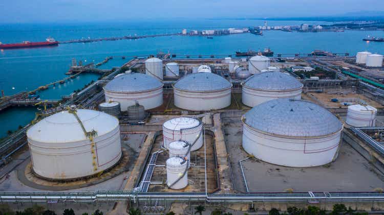 Oil and petrochemical tank, storage of oil and petrochemical products ready for logistic and transport business. Aerial view.