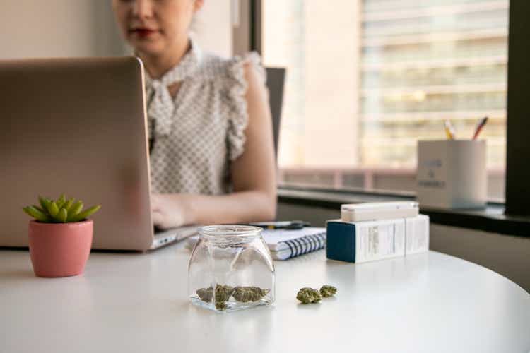 Vrouwelijke cannabisondernemer die werkt aan marketing voor marihuanazaken in een helder, zacht verlicht kantoor