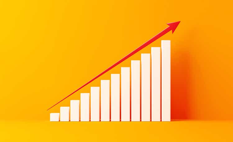 Financial Growth Bar With Red Arrow Shape Moving Up On Yellow Background