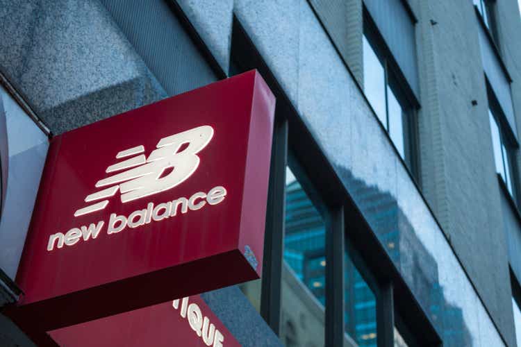 New Balance logo in front of their main retailer in Montreal, Quebec.
