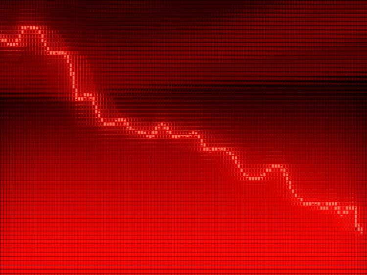 Red graph moving down on the graph as a 3d animation of recession or financial crisis