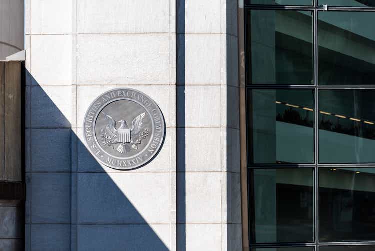 US United States Securities and Exchange Commission SEC entrance architecture modern building closeup sign, logo, glass windows