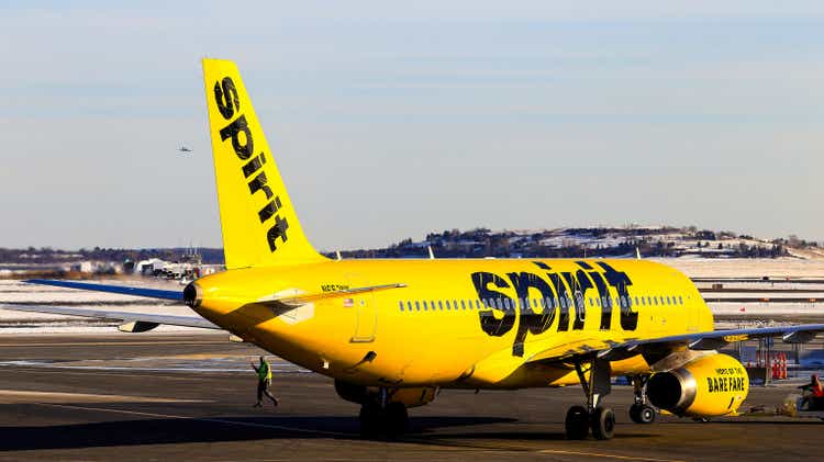 Spirit Airlines Airbus A320 taking off from Boston Logan