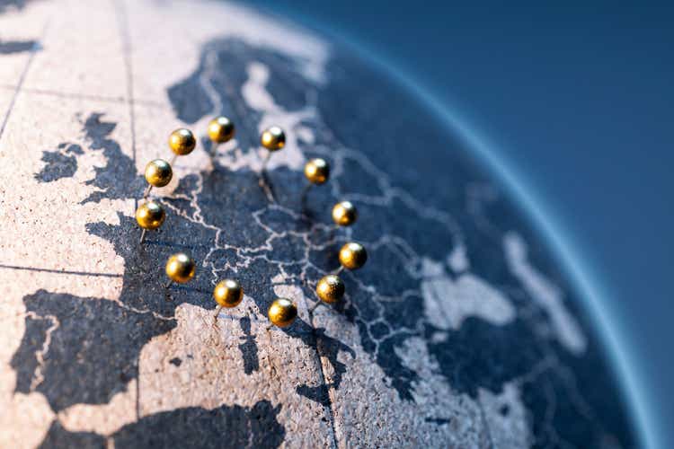 European Union - Golden pins on cork board globe