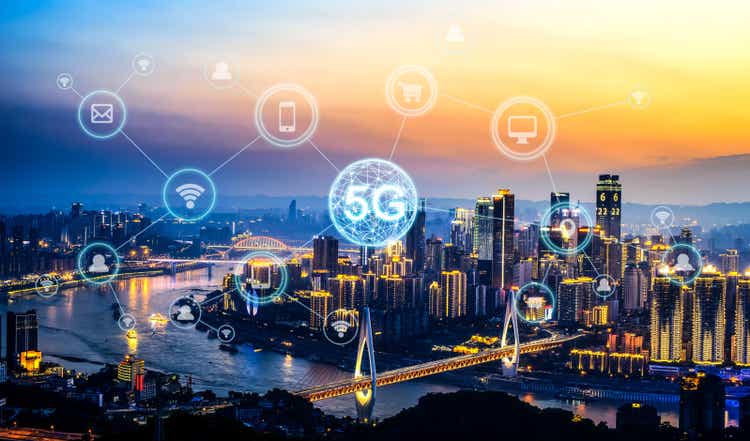 Wireless communication network concept.Panorama of Modern City