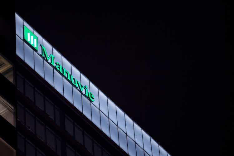 Manuvie logo on their office in Montreal, Quebec. Manuvie is the French name of Manulife, the main Canadian insurance & financial services company