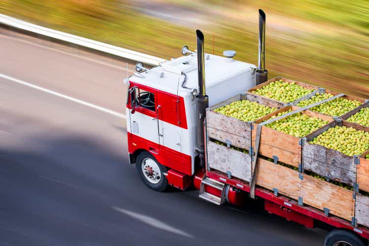 Old cab over big rig semi truck transporting pears in wooden boxes on flat bed semi trailer