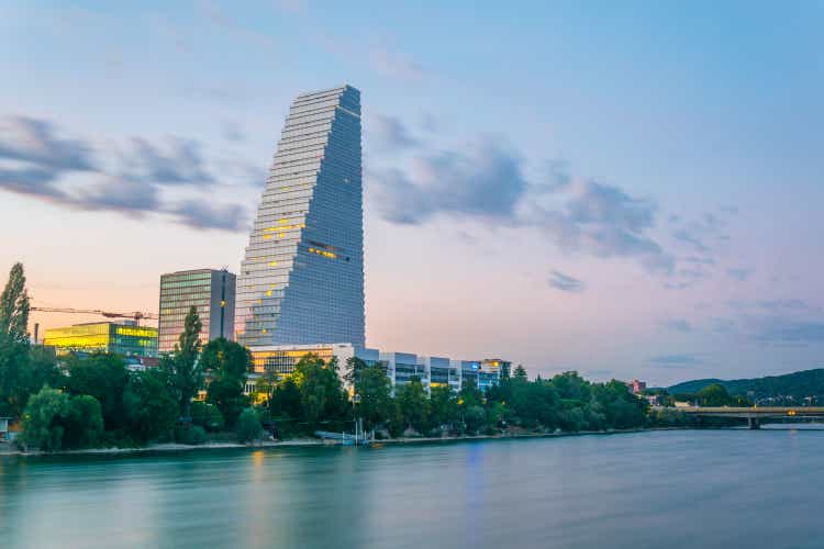 Sunset view on the banks of the Rhine dominated by the Roche tower in Switzerland