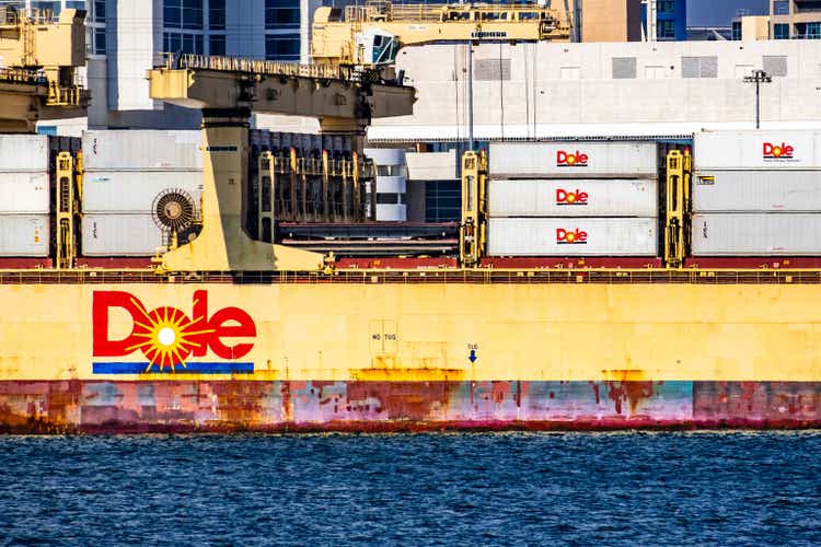 Dole cargo ship docked on the shores of San Diego bay
