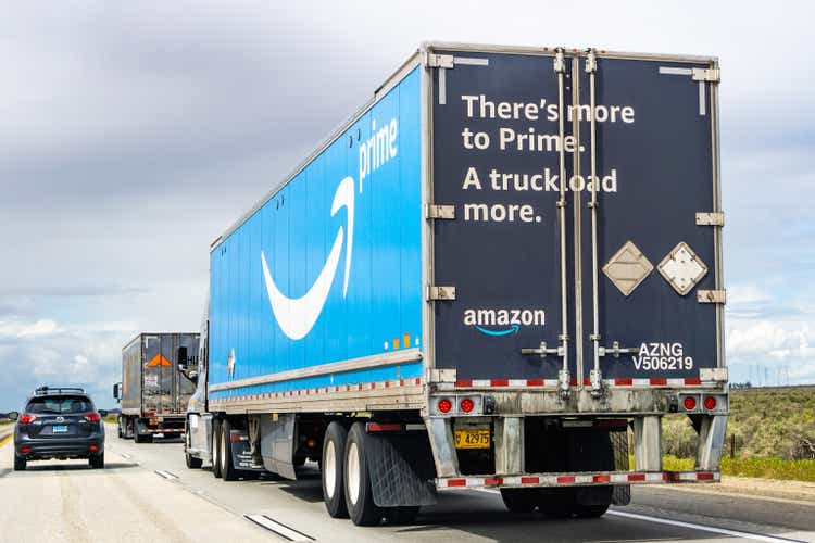 Amazon truck driving on the interstate