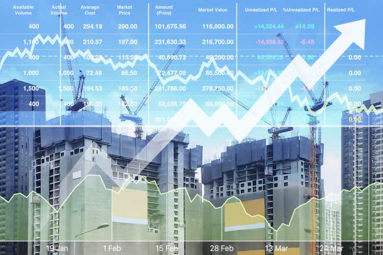 Stock financial index of successful investment on property real estate business and construction industry with graph and chart on city background.