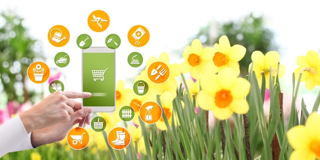 gardening equipment e-commerce concept, online shopping on smart phone, hand pointing and touch screen with tools icons, on spring flower plants background
