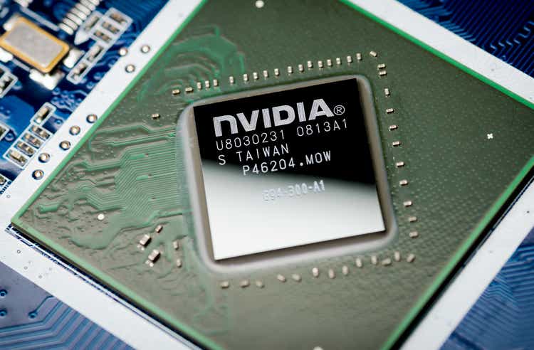 Moscow, Russia - April 7, 2019: NVIDIA video chip on motherboard