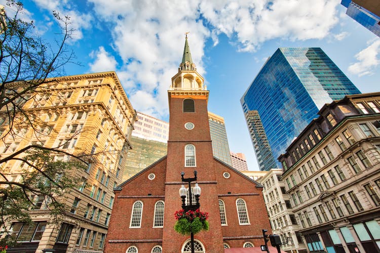 Boston historic center streets at a bright sunny day near Boston Bay and Beacon Hill
