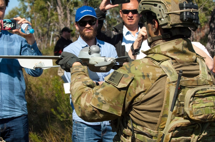 Regular Australian Army AeroVironment Wasp III UAV launch, flying and recovery demonstration