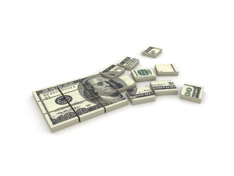 Illustration of a stack of $100 bills broken in squares