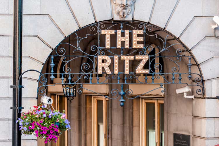 Piccadilly Circus Regent street with closeup of sign entrance to the Ritz hotel