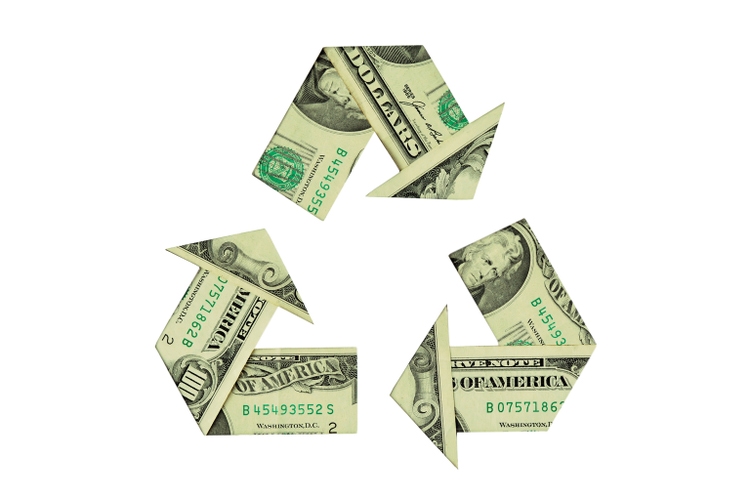 Recycle symbol made with dollar banknotes - Ecology and recycling concept