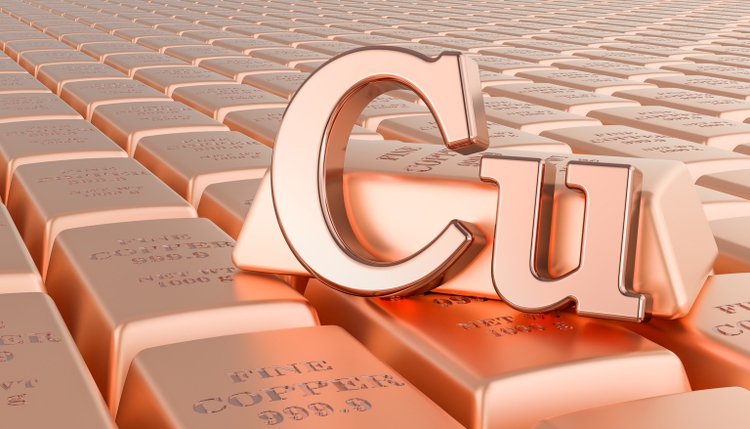 Copper ingots background with Cu symbol. 3D rendering