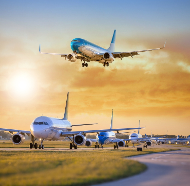 Airplane landing others standing on airfield waiting for take off