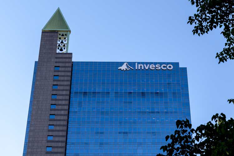 Sign and logo of Invesco on the Canadian head office building in Toronto.